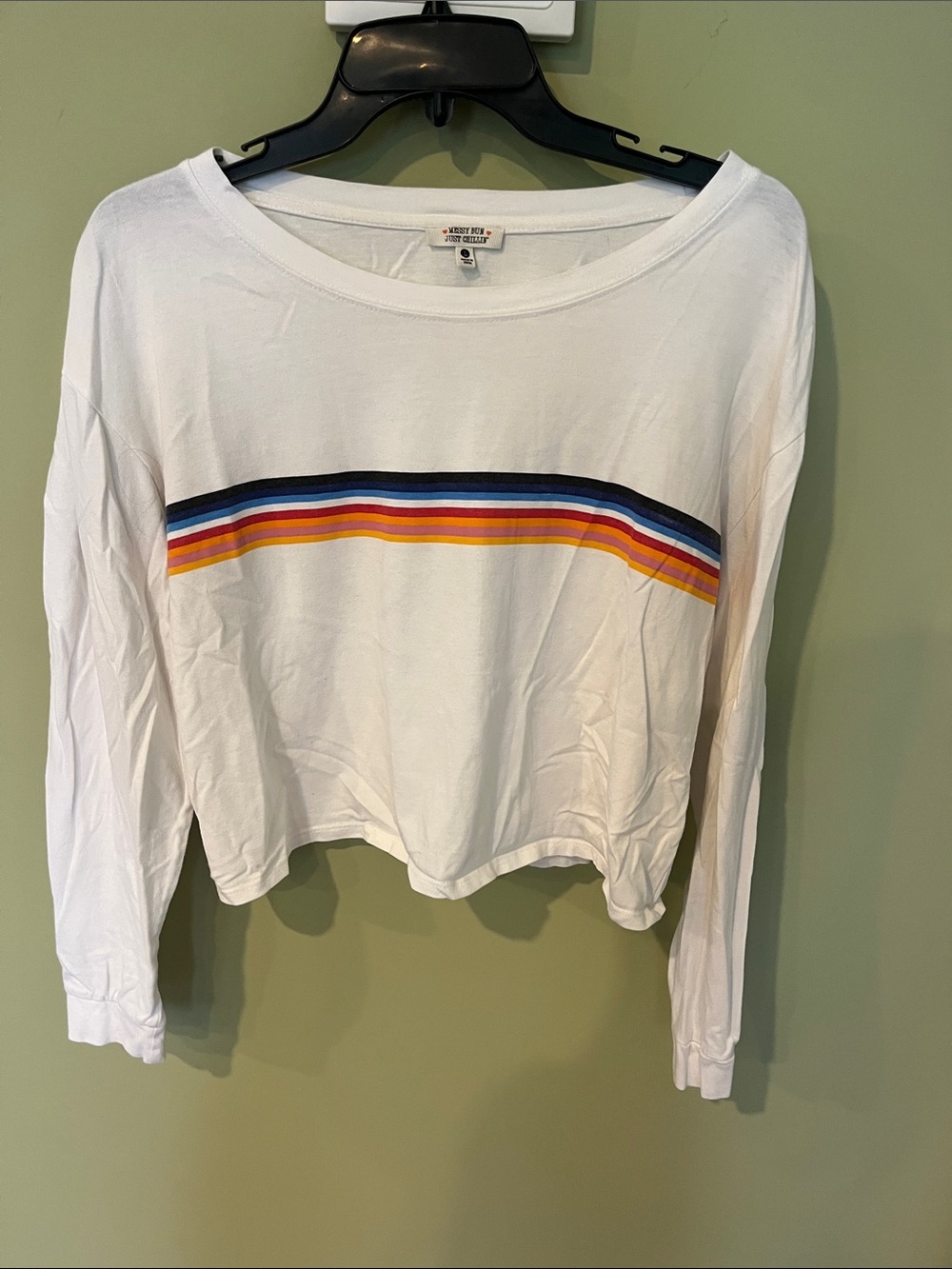 White Retro Long Sleeve Crop Tee with Rainbow Stripe. Size L.